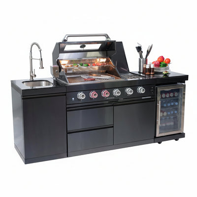 Outdoor Kitchen Island Gas Grill System 4 Burner BBQ Island with Rotisserie Kit, Integrated Sink, Wine Cooler & Granite Countertop