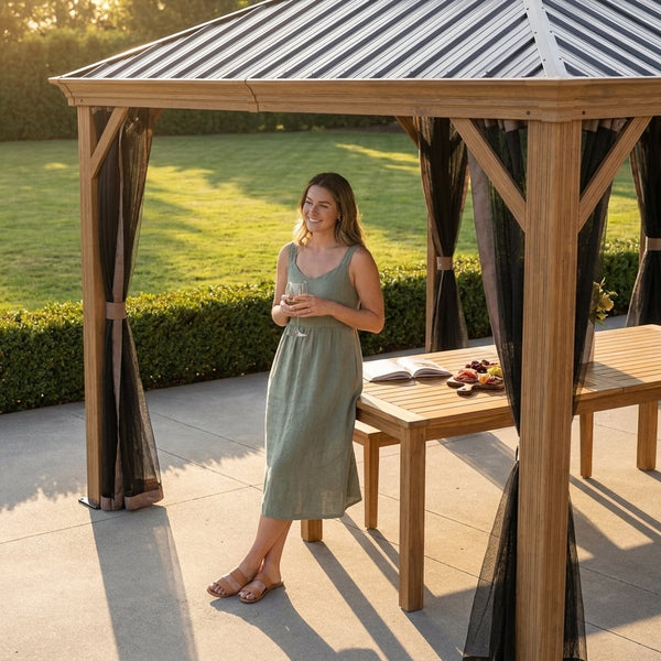 Outdoor Gazebo Built to Create Permanent Backyard Shelter, Hardtop Roof, Aluminum Frame, Integrated Gutters
