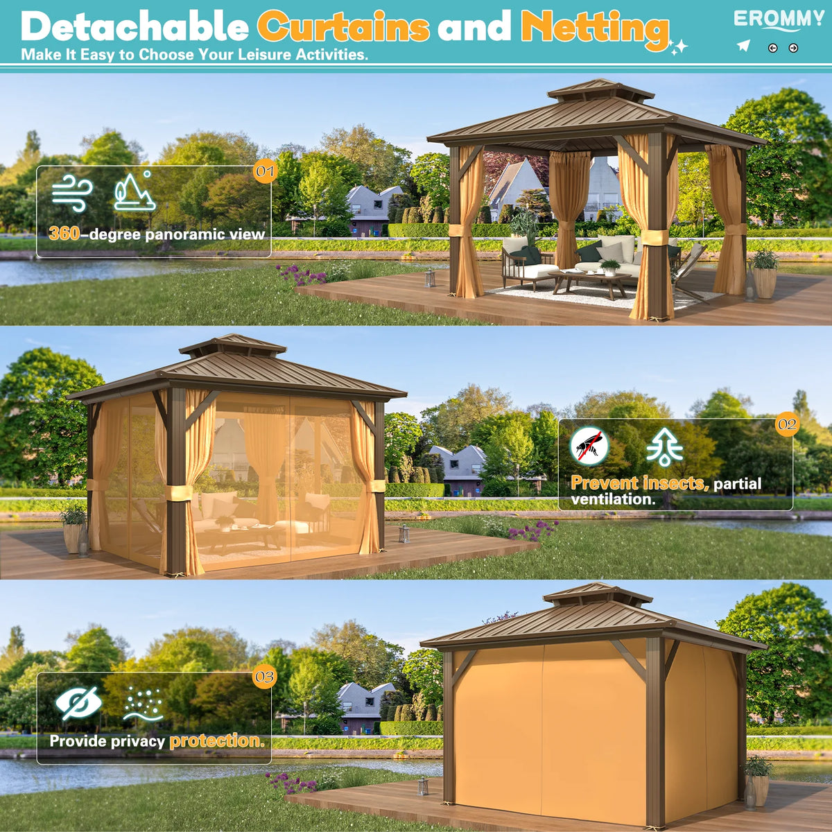 10' X 10' Hardtop Gazebo, Galvanized Steel Double Roof Gazebo with Aluminum Frame, Permanent Outdoor Metal Pavilion with Curtain and Netting for Patio, Lawn and Garden