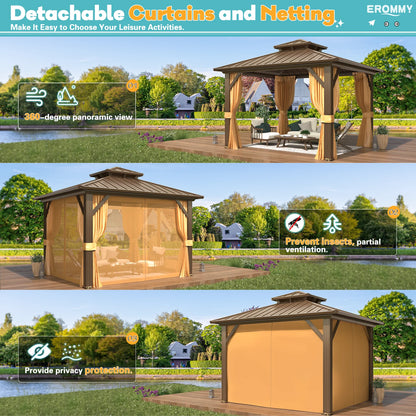10' X 10' Hardtop Gazebo, Galvanized Steel Double Roof Gazebo with Aluminum Frame, Permanent Outdoor Metal Pavilion with Curtain and Netting for Patio, Lawn and Garden