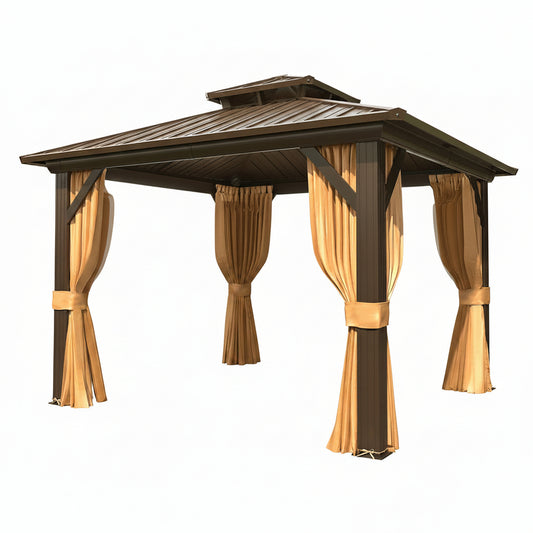 10' X 10' Hardtop Gazebo, Galvanized Steel Double Roof Gazebo with Aluminum Frame, Permanent Outdoor Metal Pavilion with Curtain and Netting for Patio, Lawn and Garden