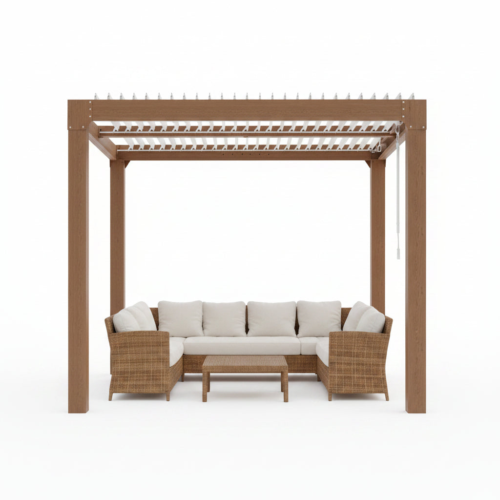 Louvered Pergola 10 Ft X10', Outdoor Pergola with Adjustable Louvered Roof, Reinforced Aluminum Frame, Integrated Drainage System, Hardtop Gazebo for Patio, Deck, Wood Grain
