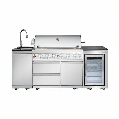 Outdoor Kitchen Island with Built in Grill, 6 Burner 83500 BTU Stainless Steel Gas Barbecue Island, Patio Cooking Station with Sink & Wine Cooler, Built in Grill Island for Backyard (Silver)