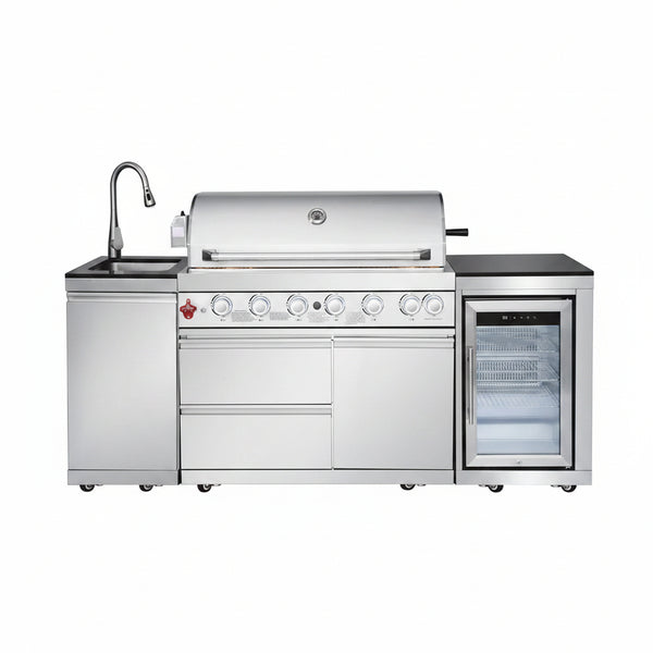 Outdoor Kitchen Island with Built in Grill, 6 Burner 83500 BTU Stainless Steel Gas Barbecue Island, Patio Cooking Station with Sink & Wine Cooler, Built in Grill Island for Backyard (Silver)
