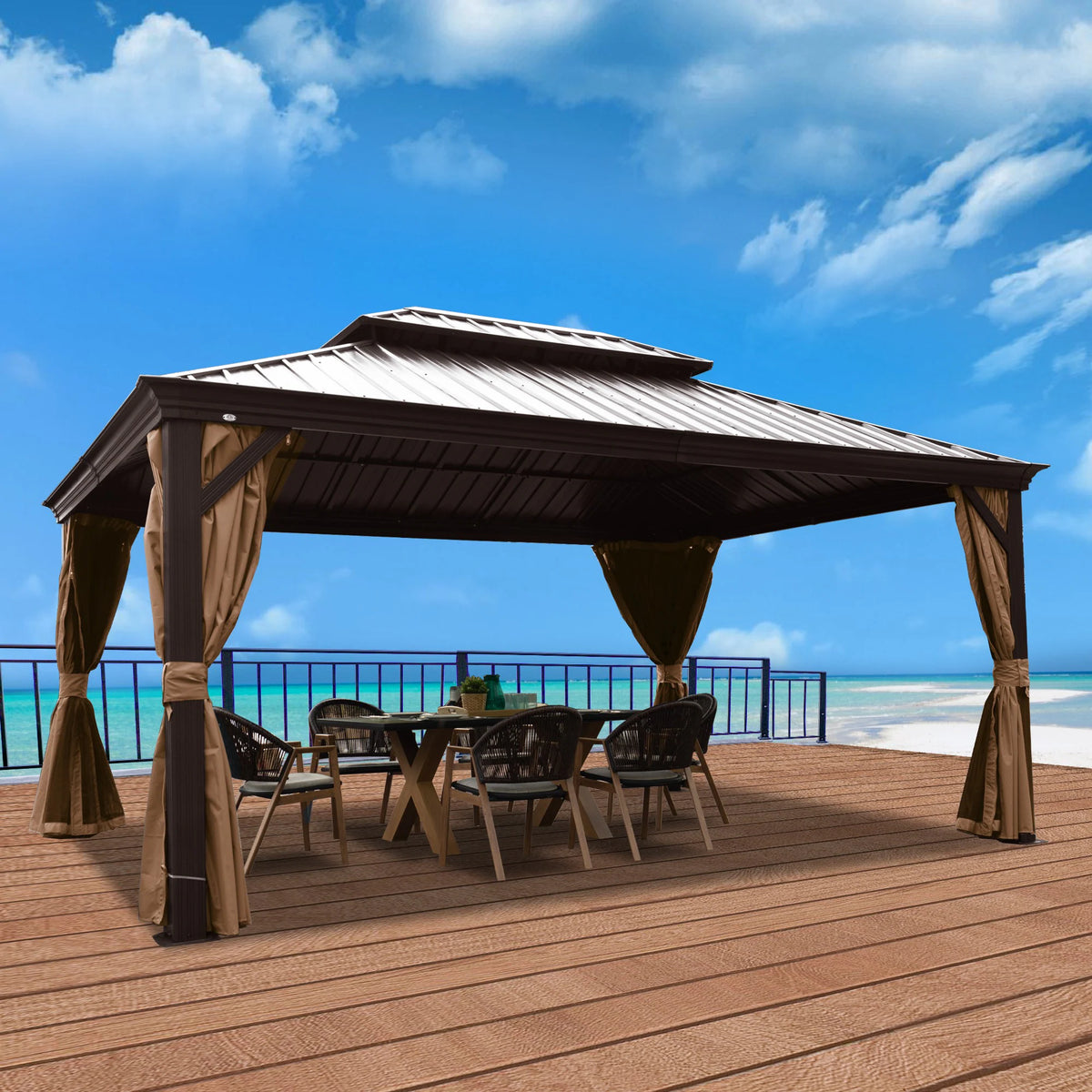 12-Ft X 14-Ft Alexander Dark Brown Gazebo with Hardtop Roof (Screen Included)