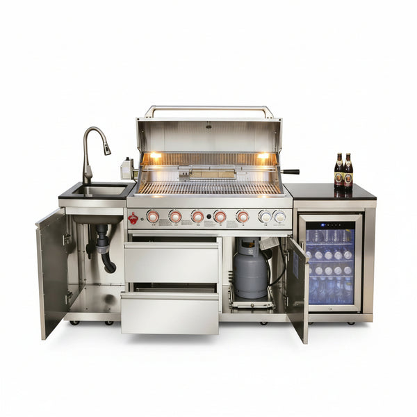 82-Inch 6-Burner Gas Grill 85,000 BTU Outdoor Kitchen Barbecue | Stainless Steel Grill Island with Sink, Storage Cabinets, and Wine Refrigerator,Backyard, Patio, Lawn, Silver