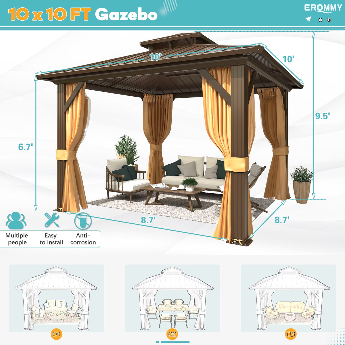 10' X 10' Hardtop Gazebo, Galvanized Steel Double Roof Gazebo with Aluminum Frame, Permanent Outdoor Metal Pavilion with Curtain and Netting for Patio, Lawn and Garden