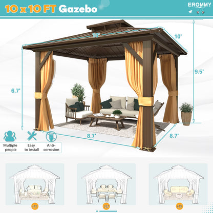 10' X 10' Hardtop Gazebo, Galvanized Steel Double Roof Gazebo with Aluminum Frame, Permanent Outdoor Metal Pavilion with Curtain and Netting for Patio, Lawn and Garden