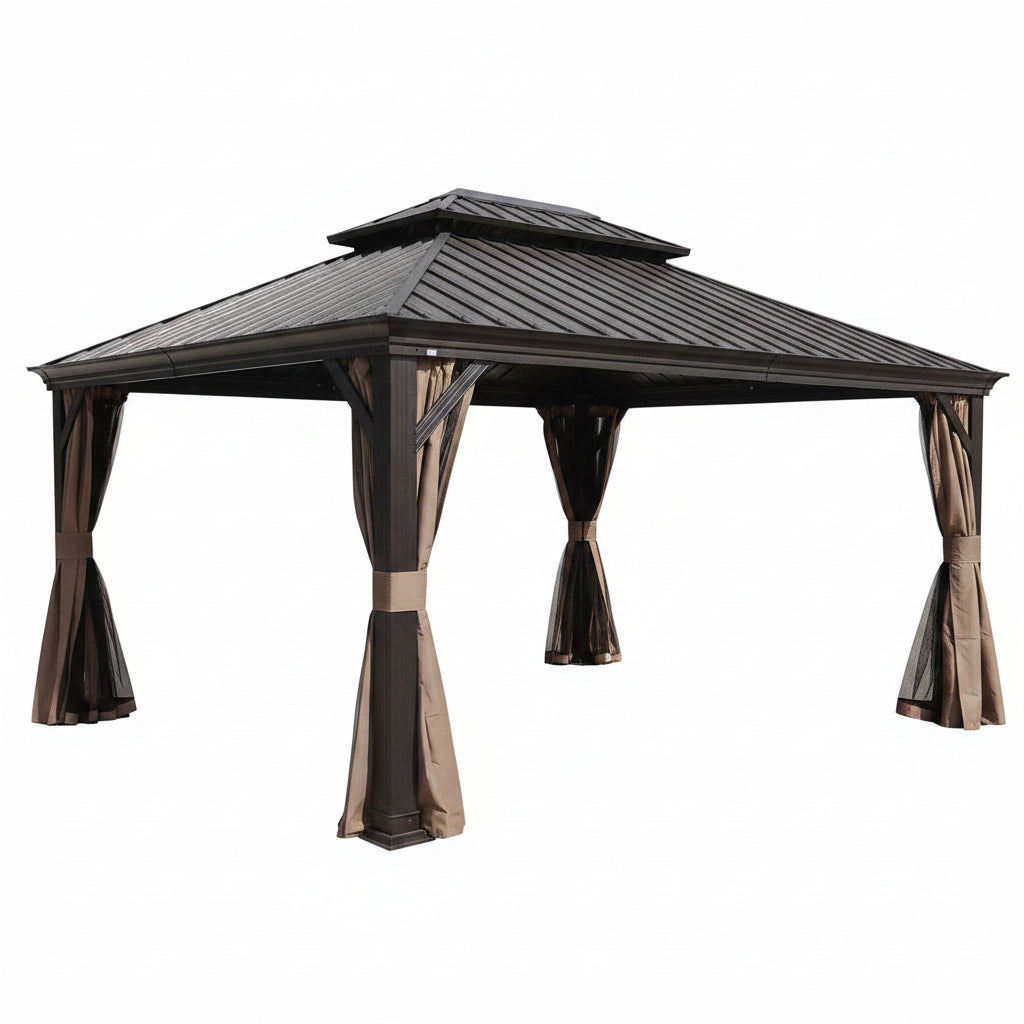 12-Ft X 14-Ft Alexander Dark Brown Gazebo with Hardtop Roof (Screen Included)